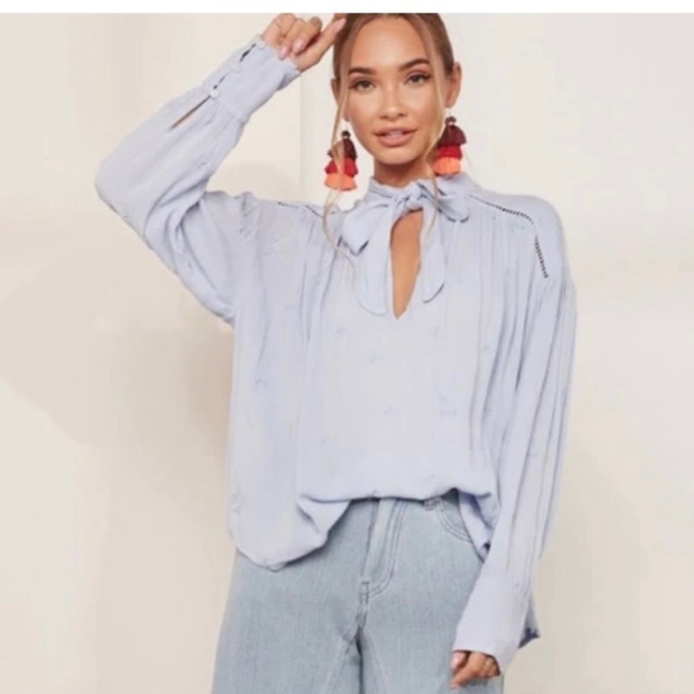 Free People Wishful Moments Tie Neck Top Blue Ling Sleeve Sz XS Boho Embroidered